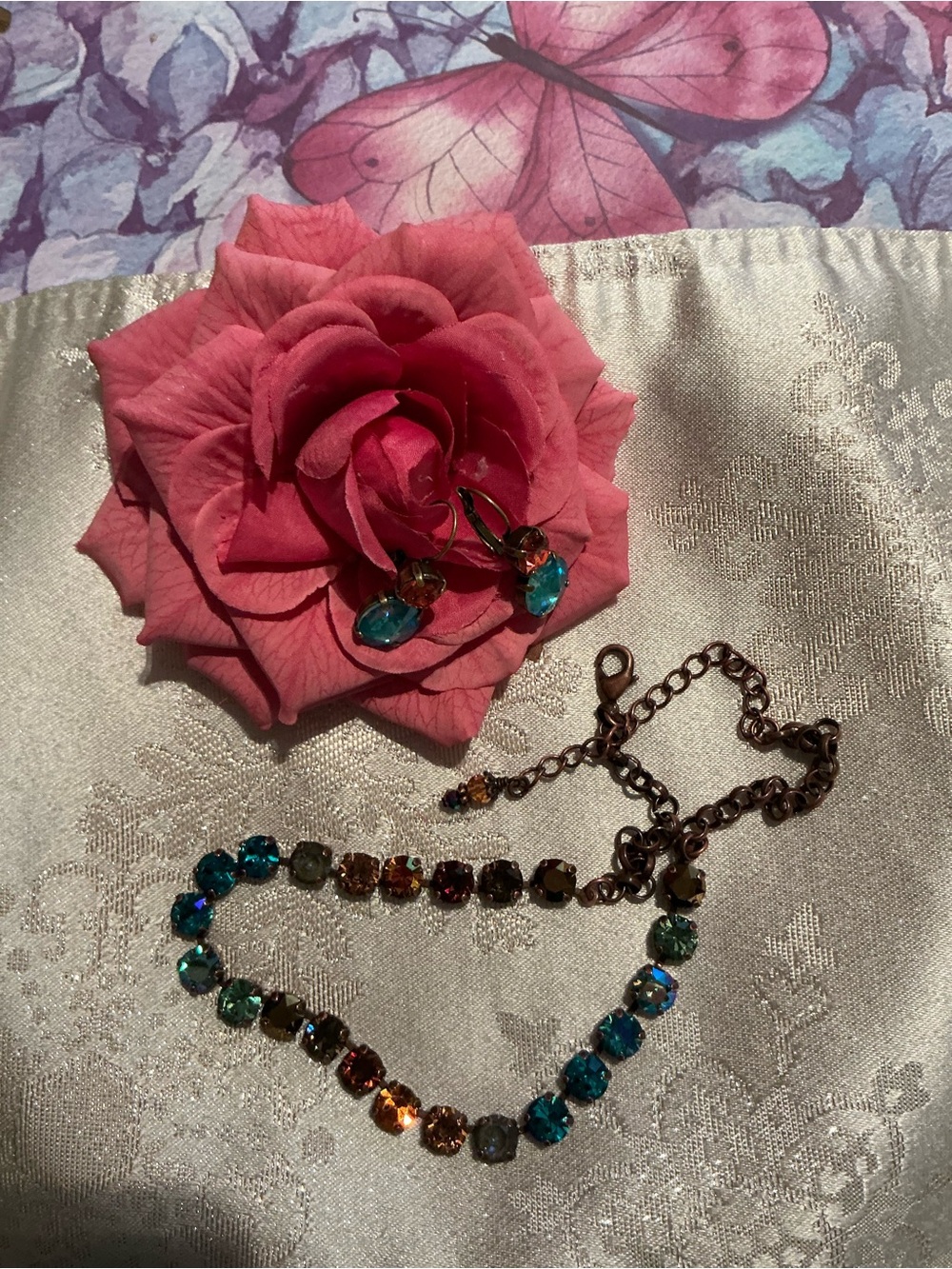 BLUE,TEAL,AMBER,GREEN Necklace& Earrings Set - GORGEOUS FALL COLORS!